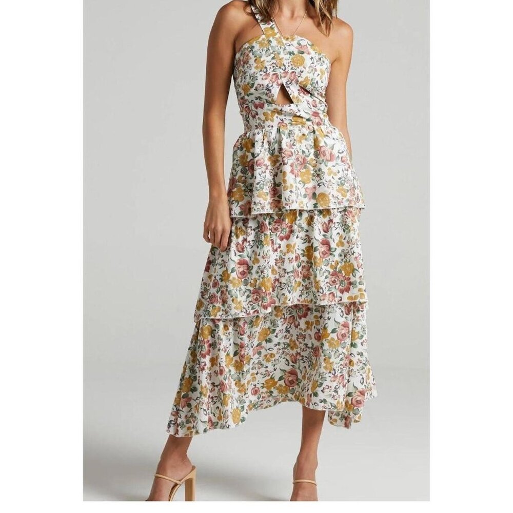 NWT Caro Midi Dress - One Shoulder Tiered Dress in Multi Floral